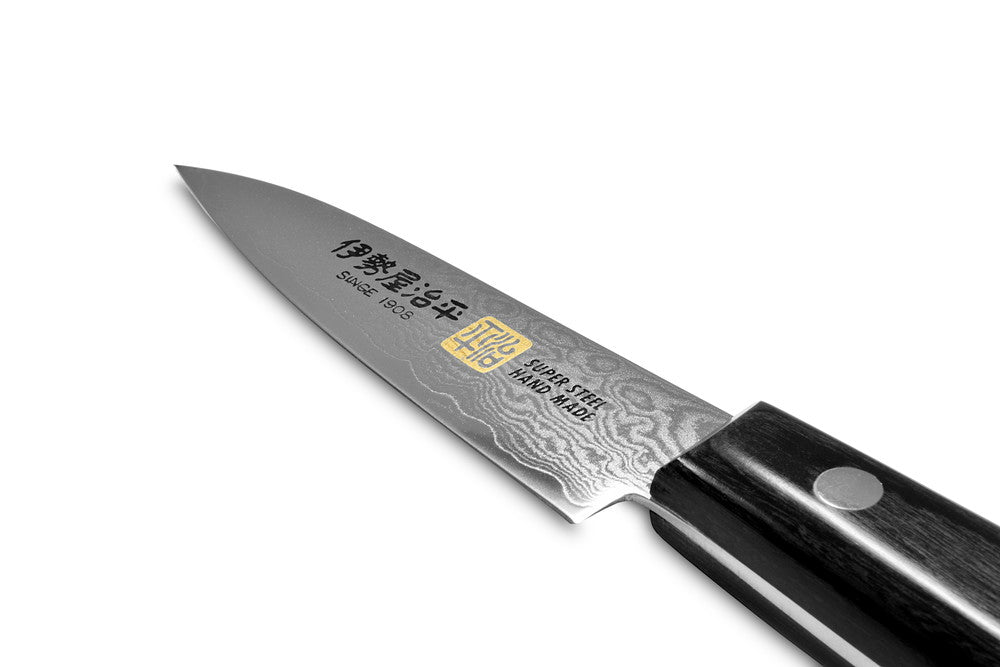 Iseya Jihei Damascus Paring Knife 76mm Japanese Kitchen Knife Black Pakka Handle G-0