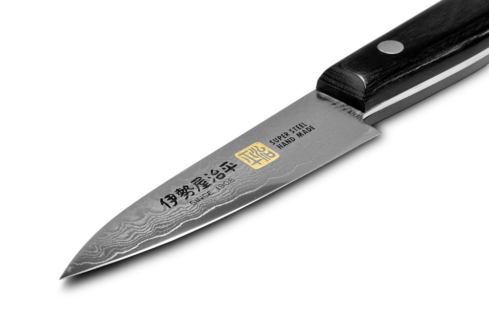 Iseya Jihei Damascus Paring Knife 76mm Japanese Kitchen Knife Black Pakka Handle G-0