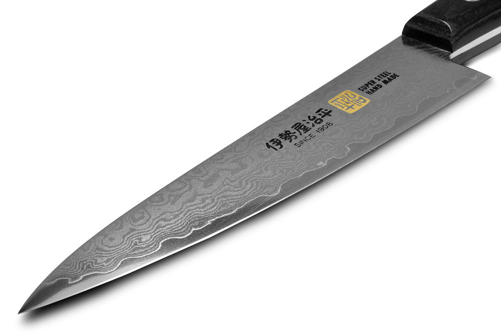Iseya Jihei Damascus Petty Knife 120mm Japanese Chef Knife Black Pakka Handle G-1