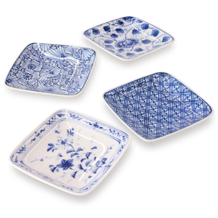 Mino Ware Small Plate Set,Lightweight, Square Plate, 3.7 inch, Japanese traditional Design, Ceramic Plate, Set of 4