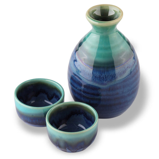 Mino Ware Seiryu Sake Set One Sake Bottle & Two Sake Cups - 10 fl oz, 8 inch