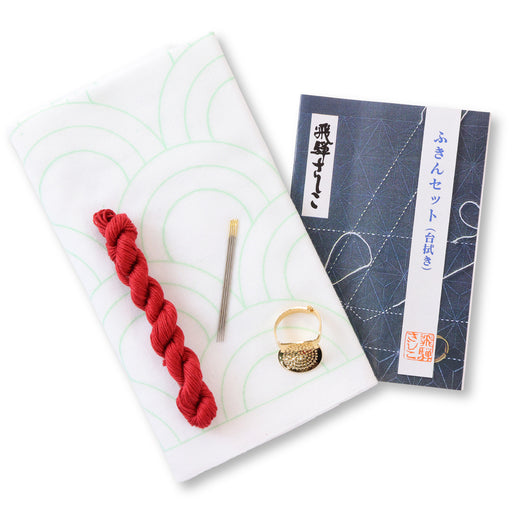 Hida Sashiko Seigaiha Sewing Set - White Cotton Cloth & Red Thread